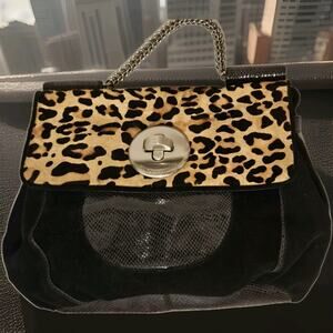 Vince Camuto Leather Animal Print Metal Handle Handbag 16x11x3 EUC
